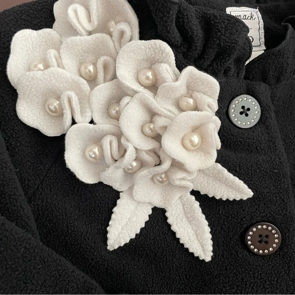 Mack & Co. Girls Luxury Black Fleece Coat with White Applique Flowers …